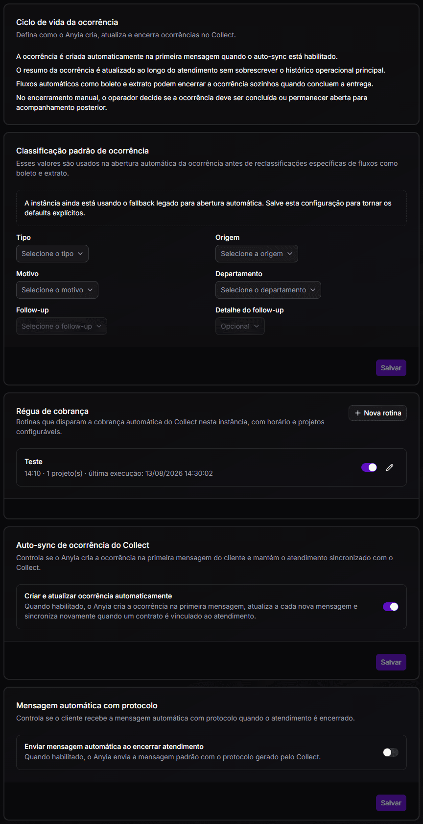 Tela de configurações do Collect
